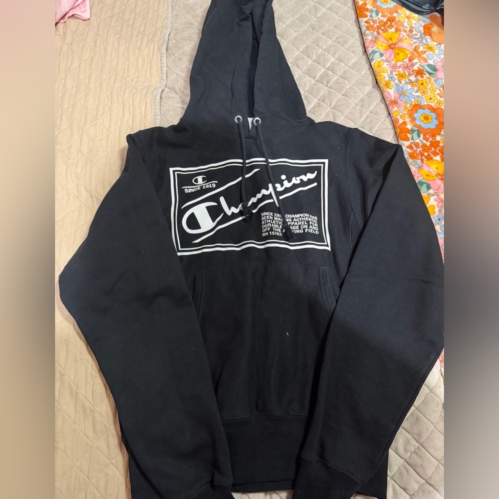 Champion Black Hoodie with Bold White Graphic